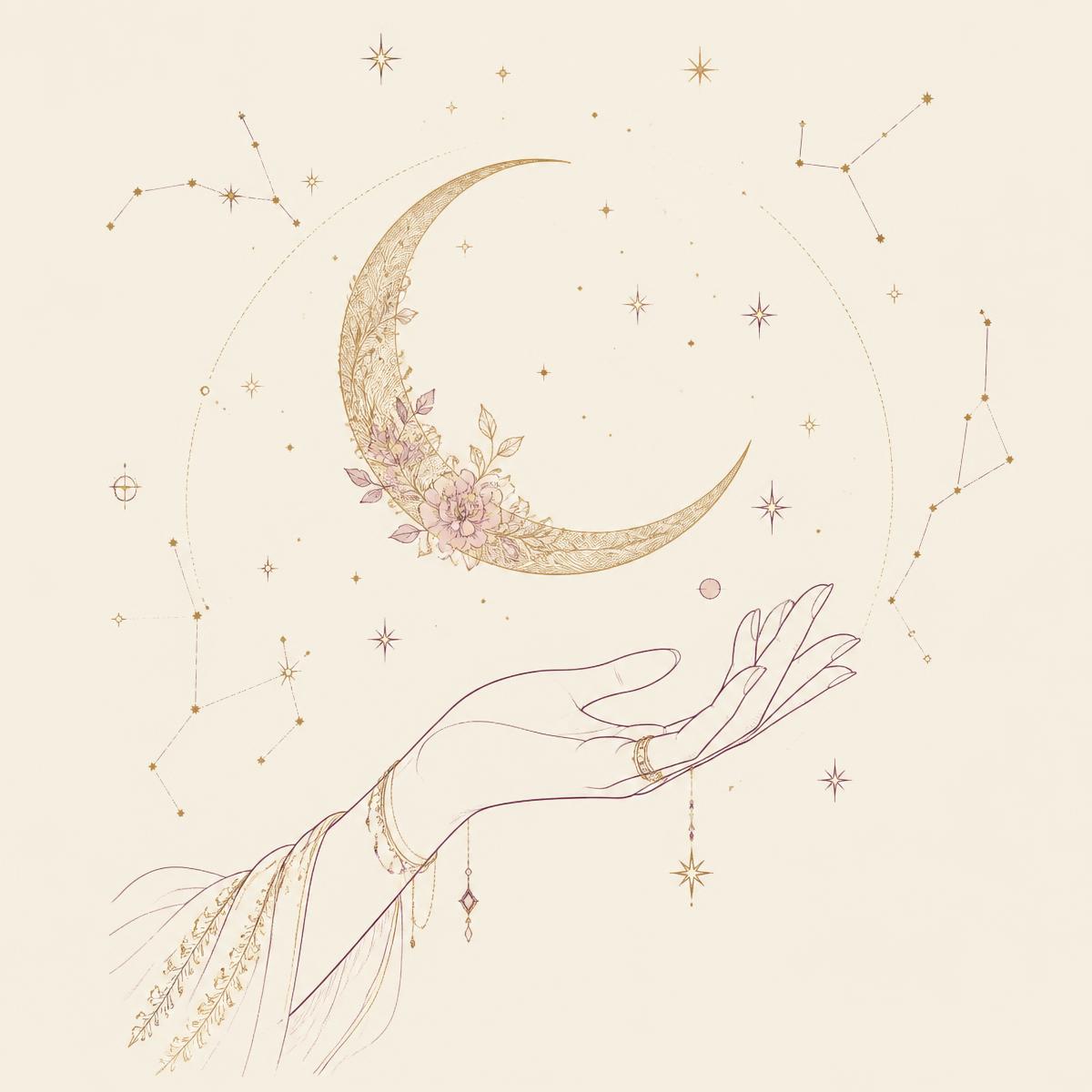 Illustration éditoriale d'une main ouverte sous un croissant de lune et des constellations