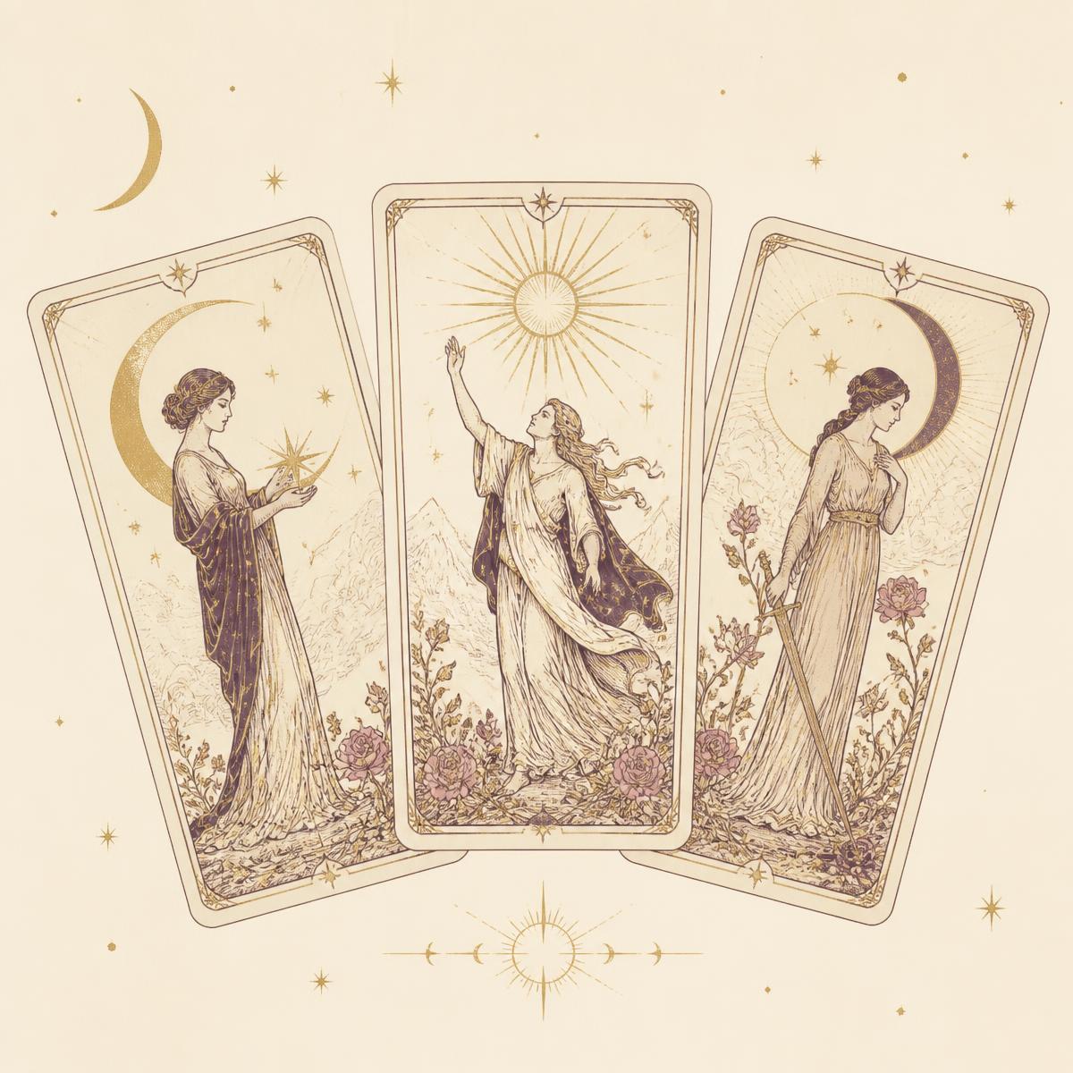 Illustration éditoriale de trois cartes de tarot